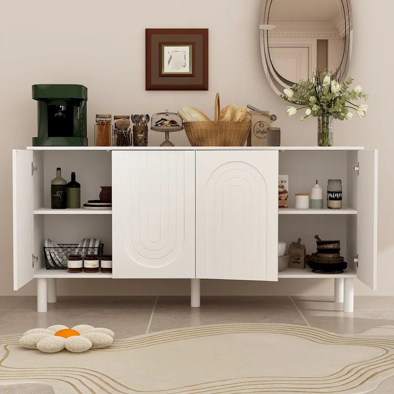 Buffet en MDF blanc de 160,5 cm avec 5 pieds en pin et portes sans poignées à ouverture par pression