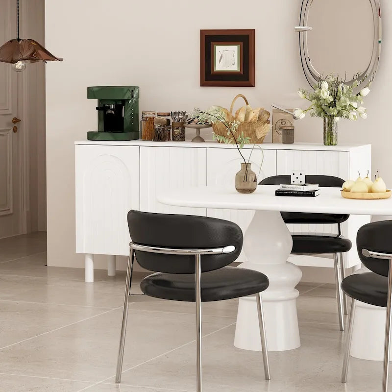 Buffet en MDF blanc de 160,5 cm avec 5 pieds en pin et portes sans poignées à ouverture par pression