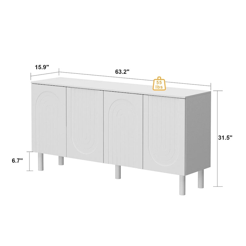 Buffet en MDF blanc de 160,5 cm avec 5 pieds en pin et portes sans poignées à ouverture par pression