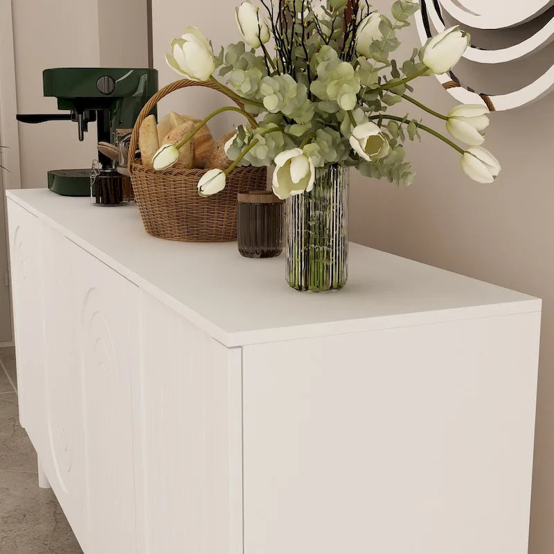 Buffet en MDF blanc de 160,5 cm avec 5 pieds en pin et portes sans poignées à ouverture par pression