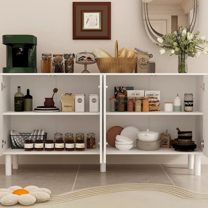 Buffet en MDF blanc de 160,5 cm avec 5 pieds en pin et portes sans poignées à ouverture par pression