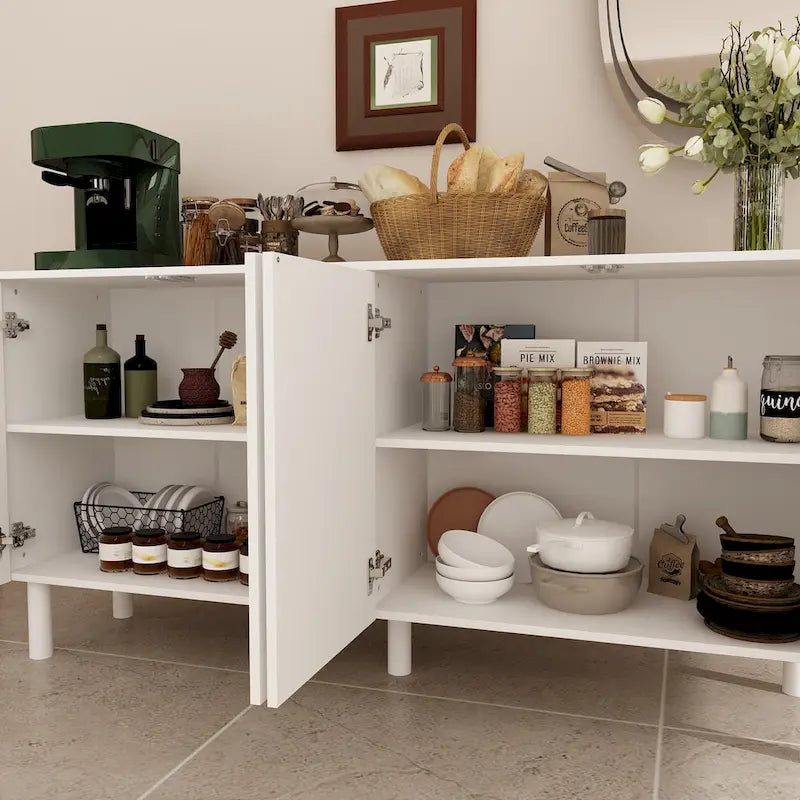 Buffet en MDF blanc de 160,5 cm avec 5 pieds en pin et portes sans poignées à ouverture par pression