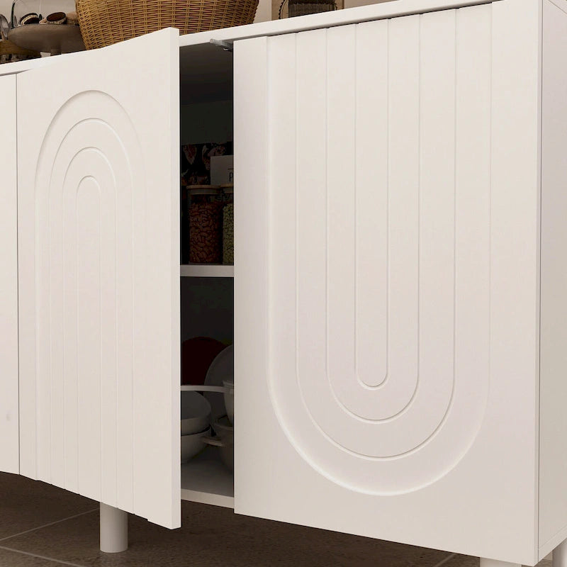 Buffet en MDF blanc de 160,5 cm avec 5 pieds en pin et portes sans poignées à ouverture par pression