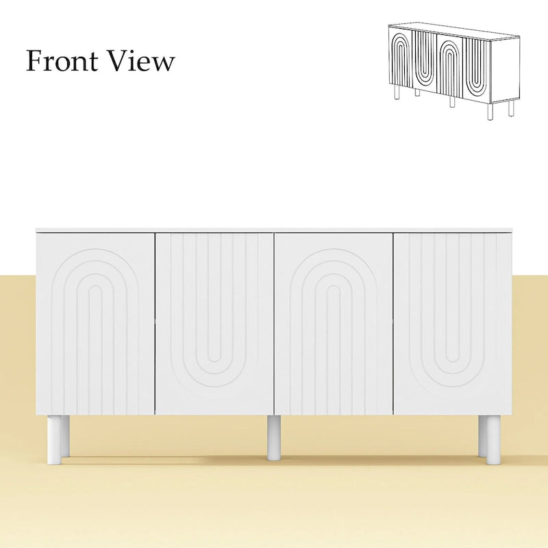 Buffet en MDF blanc de 160,5 cm avec 5 pieds en pin et portes sans poignées à ouverture par pression