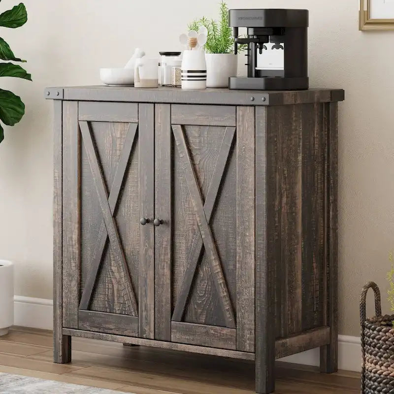 Buffet de ferme avec étagères de rangement réglables — Grain de bois brun