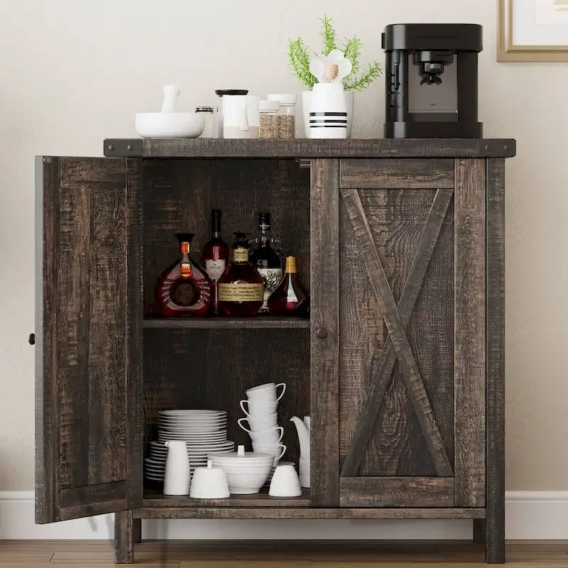 Buffet de ferme avec étagères de rangement réglables — Grain de bois brun
