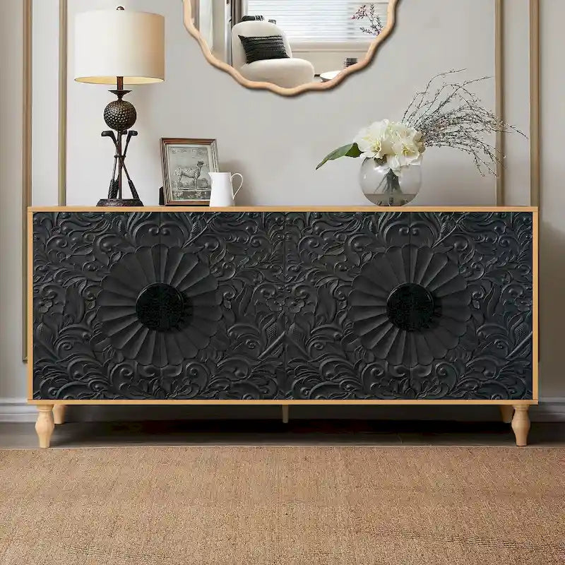 Buffet moderne noir 160 cm avec 4 portes et détails sculptés