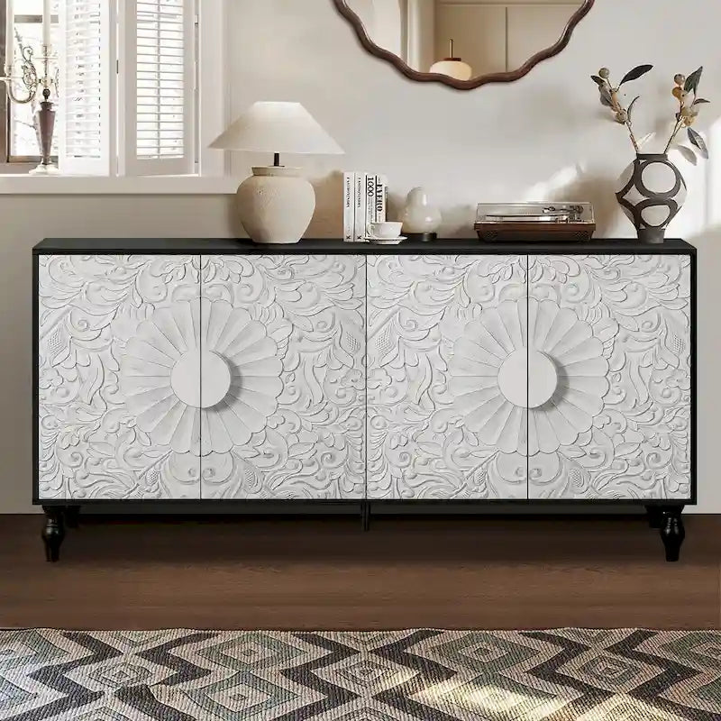 Buffet moderne noir 160 cm avec 4 portes et détails sculptés