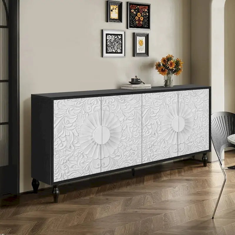 Buffet moderne noir 160 cm avec 4 portes et détails sculptés
