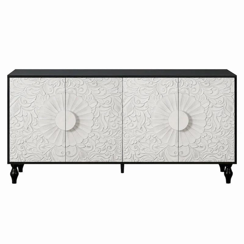 Buffet moderne noir 160 cm avec 4 portes et détails sculptés