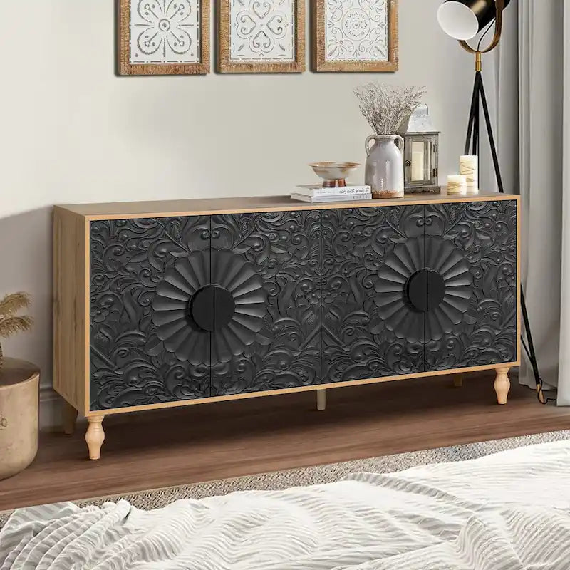 Buffet moderne noir 160 cm avec 4 portes et détails sculptés