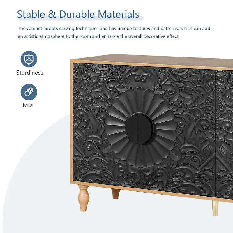 Buffet moderne noir 160 cm avec 4 portes et détails sculptés