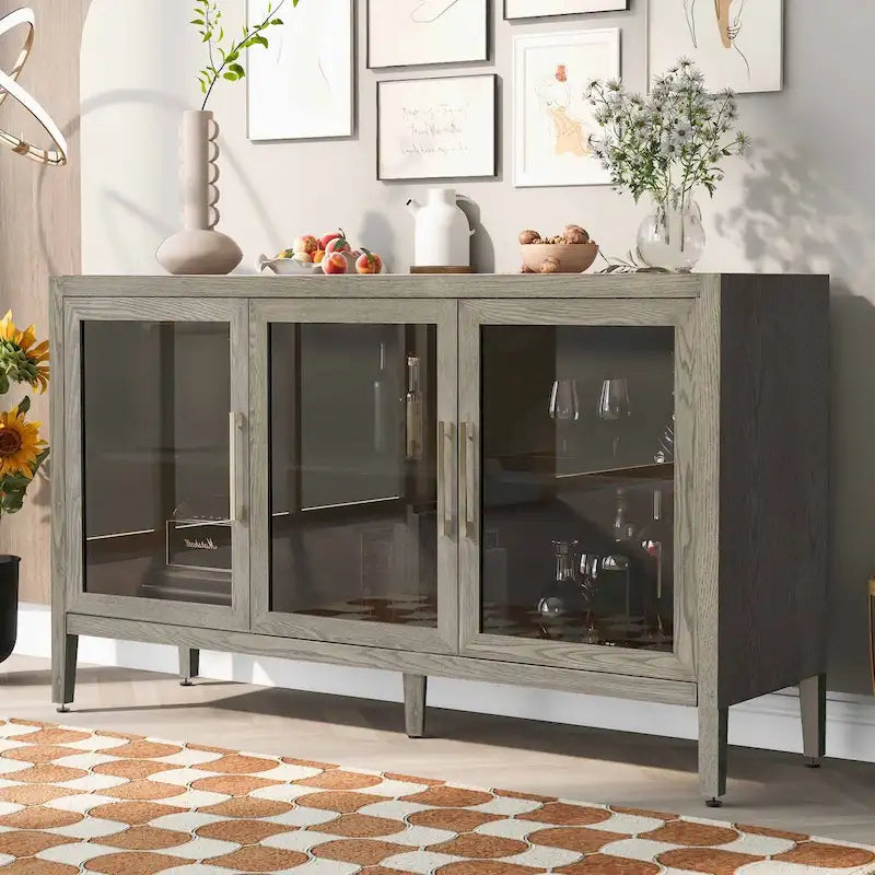 Armoire de rangement en bois avec 3 portes en verre trempé encadré et étagères réglables