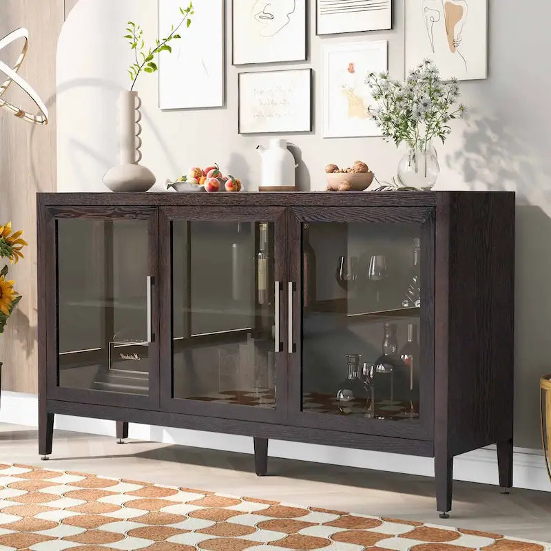 Armoire de rangement en bois avec 3 portes en verre trempé encadré et étagères réglables