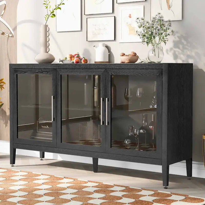 Armoire de rangement en bois avec 3 portes en verre trempé encadré et étagères réglables
