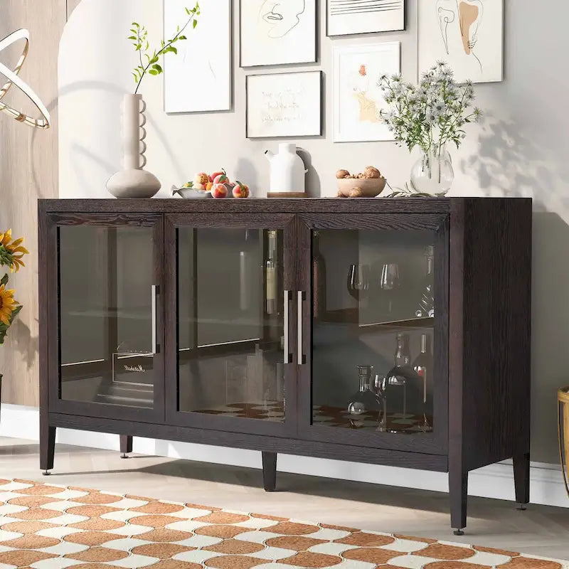 Armoire de rangement en bois avec 3 portes en verre trempé encadré et étagères réglables