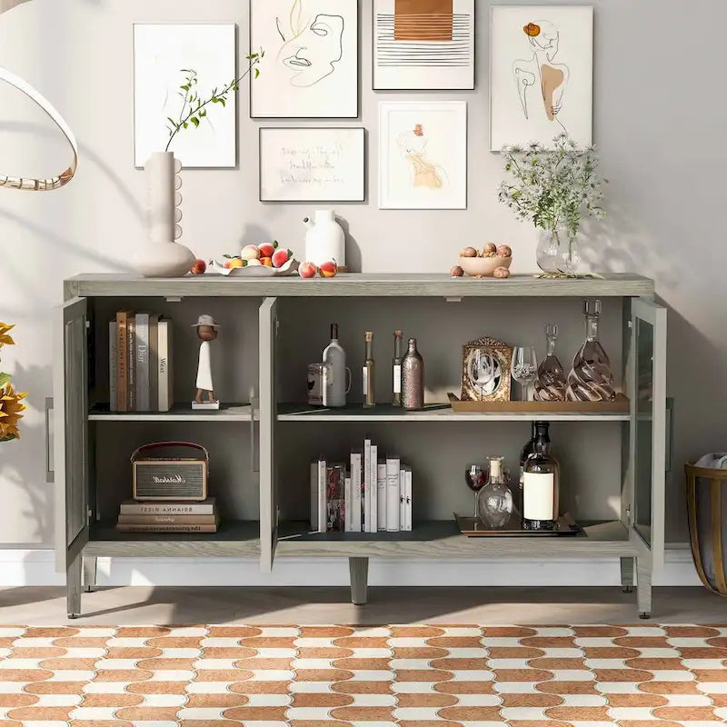 Armoire de rangement en bois avec 3 portes en verre trempé encadré et étagères réglables