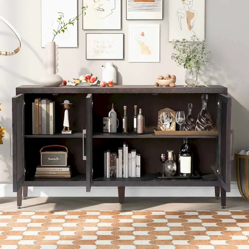 Armoire de rangement en bois avec 3 portes en verre trempé encadré et étagères réglables