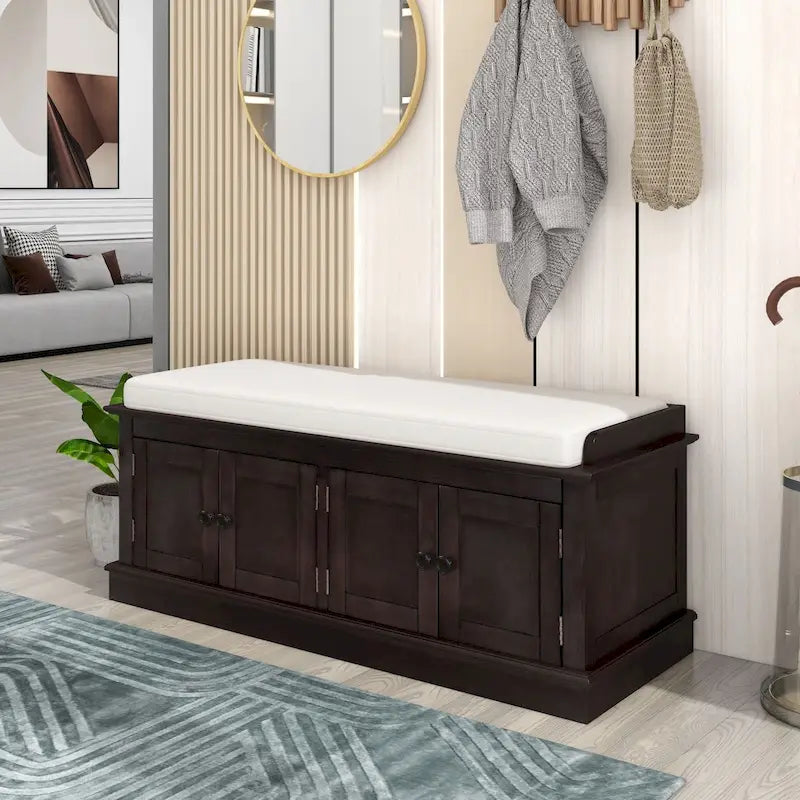 Banc à chaussures avec 4 portes, étagères réglables et coussin en lin amovible