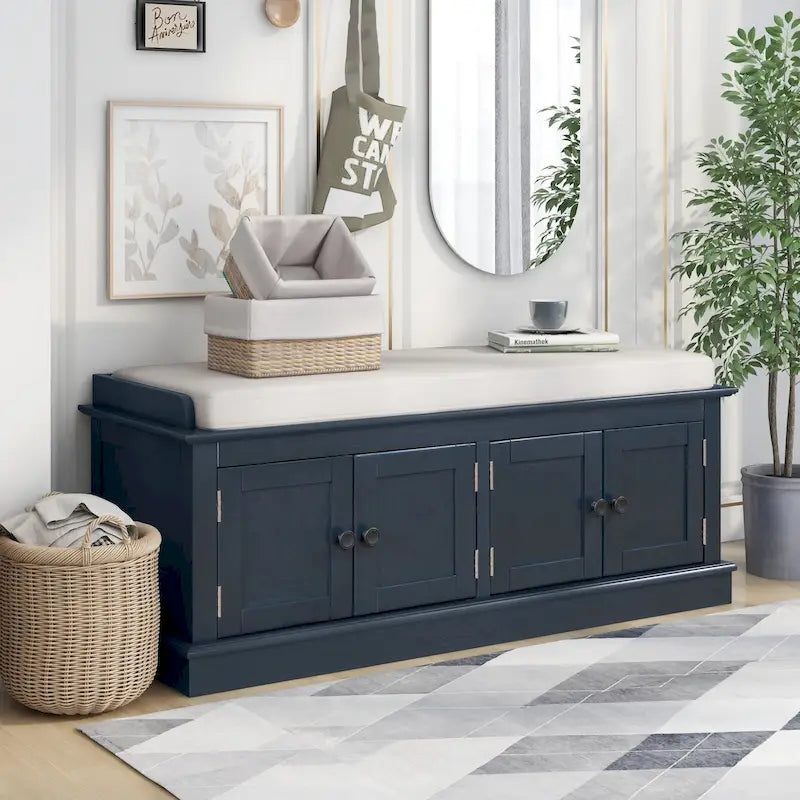 Banc à chaussures avec 4 portes, étagères réglables et coussin en lin amovible