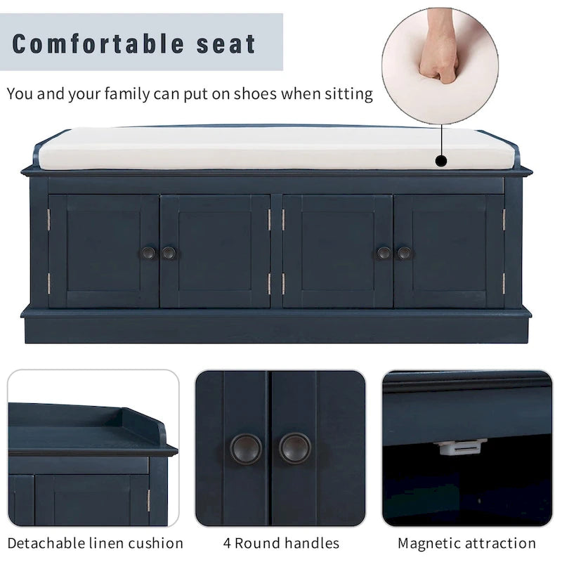 Banc à chaussures avec 4 portes, étagères réglables et coussin en lin amovible