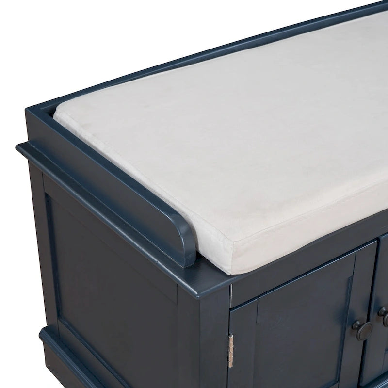 Banc à chaussures avec 4 portes, étagères réglables et coussin en lin amovible