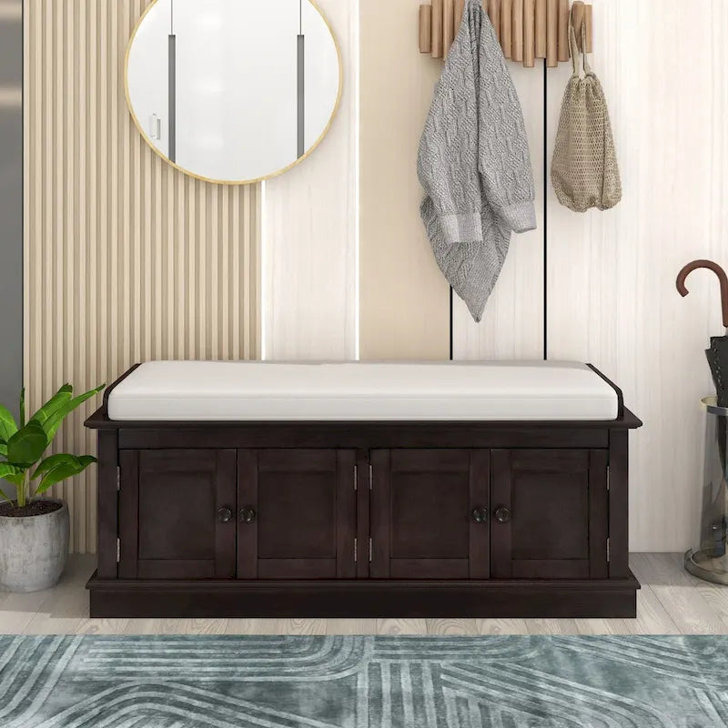 Banc à chaussures avec 4 portes, étagères réglables et coussin en lin amovible
