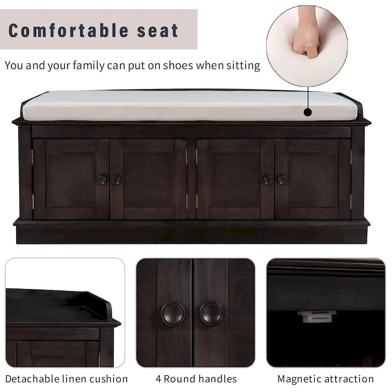 Banc à chaussures avec 4 portes, étagères réglables et coussin en lin amovible