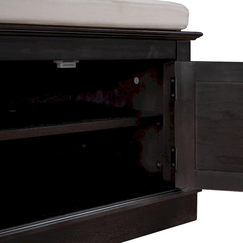 Banc à chaussures avec 4 portes, étagères réglables et coussin en lin amovible