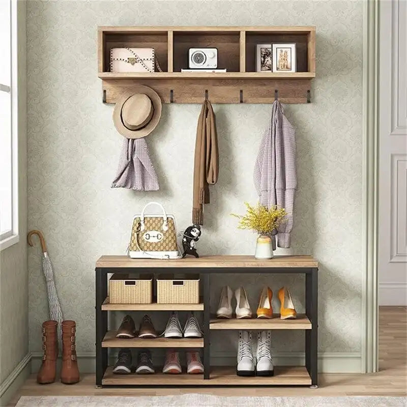 Meuble d'entrée 5-en-1 avec banc à chaussures, 3 casiers, 7 patères et étagère à chaussures à 3 niveaux