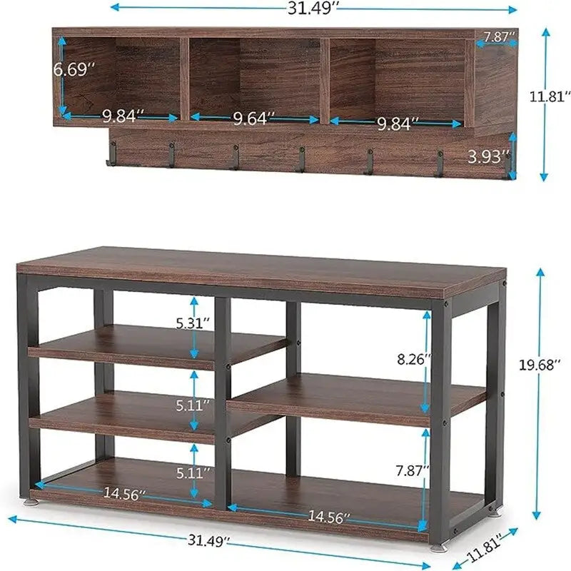 Meuble d'entrée 5-en-1 avec banc à chaussures, 3 casiers, 7 patères et étagère à chaussures à 3 niveaux