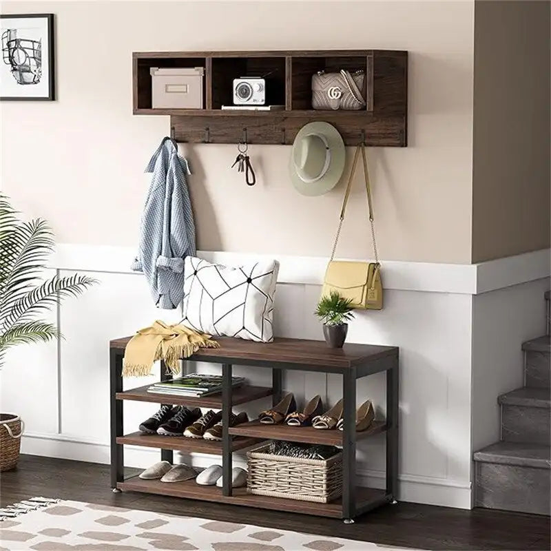 Meuble d'entrée 5-en-1 avec banc à chaussures, 3 casiers, 7 patères et étagère à chaussures à 3 niveaux