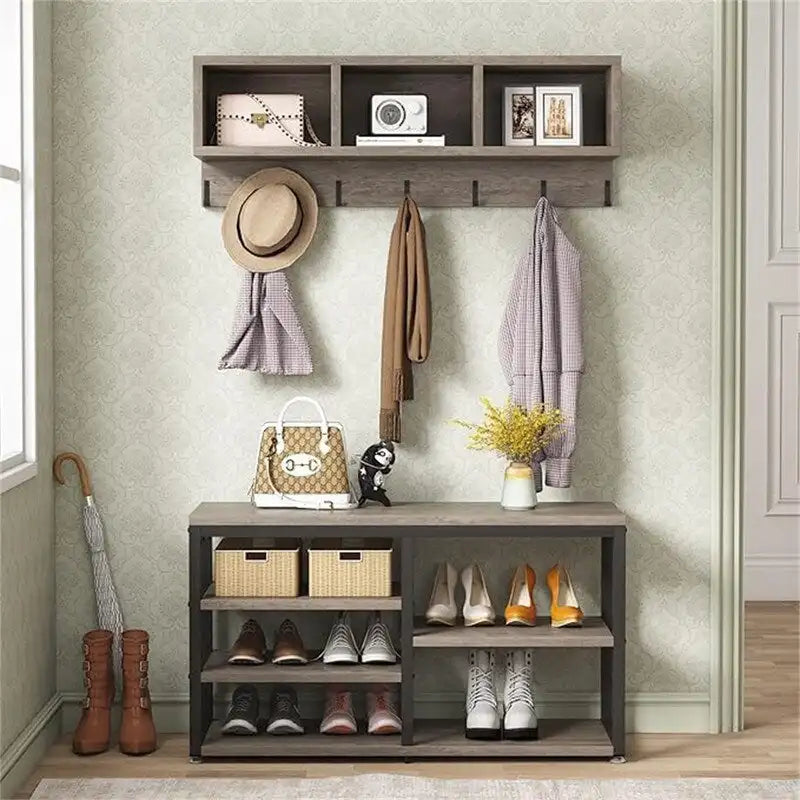 Meuble d'entrée 5-en-1 avec banc à chaussures, 3 casiers, 7 patères et étagère à chaussures à 3 niveaux