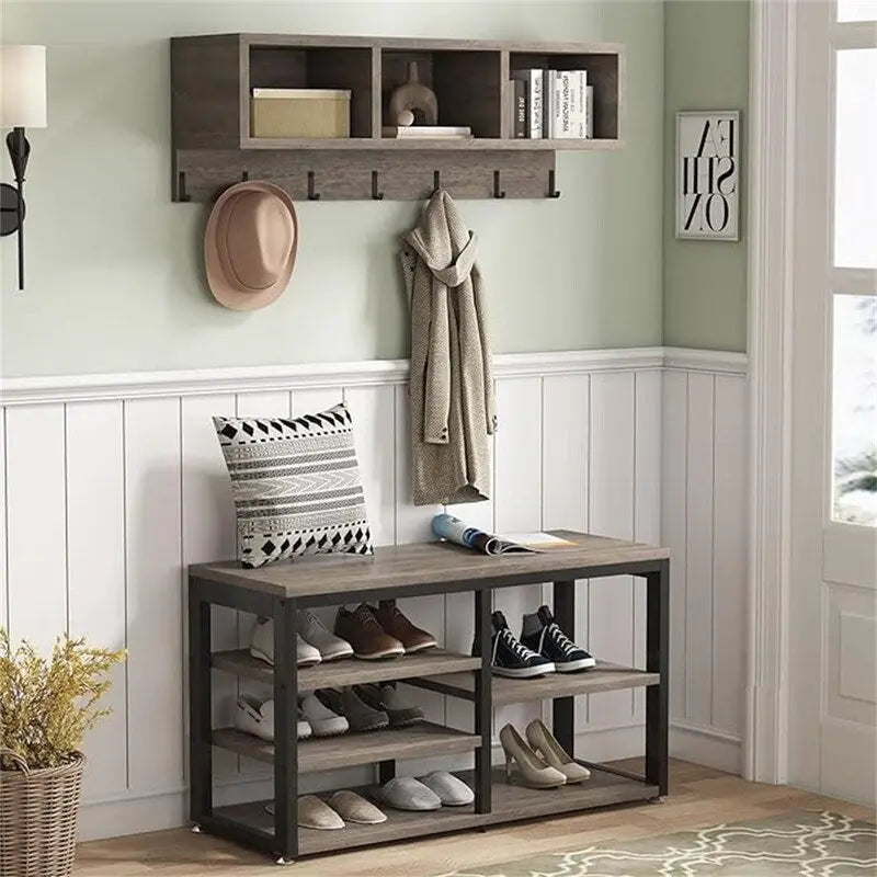 Meuble d'entrée 5-en-1 avec banc à chaussures, 3 casiers, 7 patères et étagère à chaussures à 3 niveaux