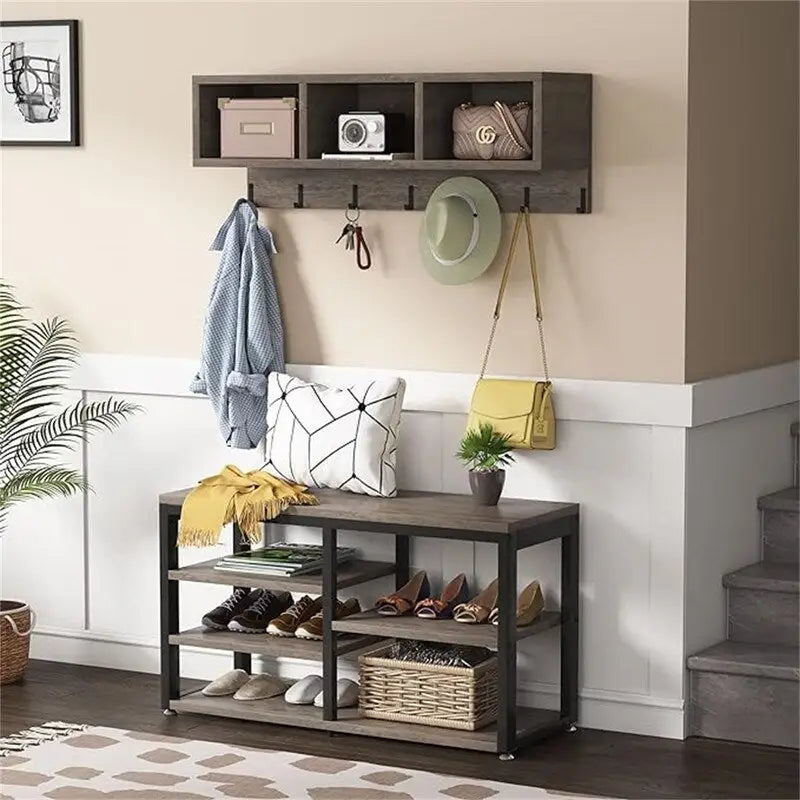 Meuble d'entrée 5-en-1 avec banc à chaussures, 3 casiers, 7 patères et étagère à chaussures à 3 niveaux