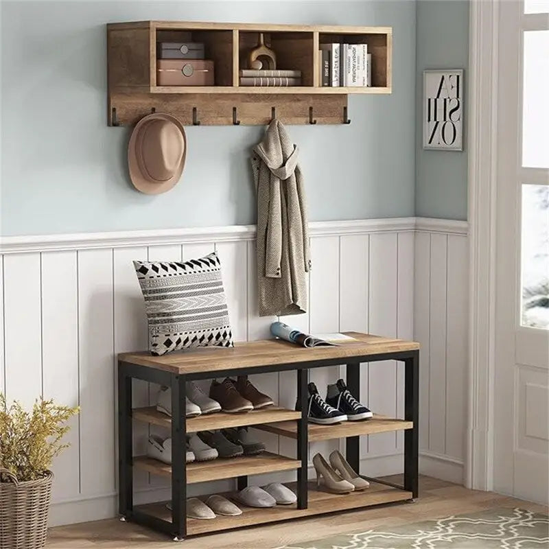Meuble d'entrée 5-en-1 avec banc à chaussures, 3 casiers, 7 patères et étagère à chaussures à 3 niveaux
