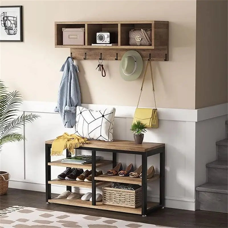 Meuble d'entrée 5-en-1 avec banc à chaussures, 3 casiers, 7 patères et étagère à chaussures à 3 niveaux