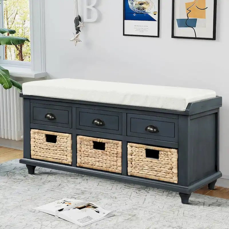 Banc de rangement de ferme avec 6 tiroirs, façades en rotin et coussin en lin amovible
