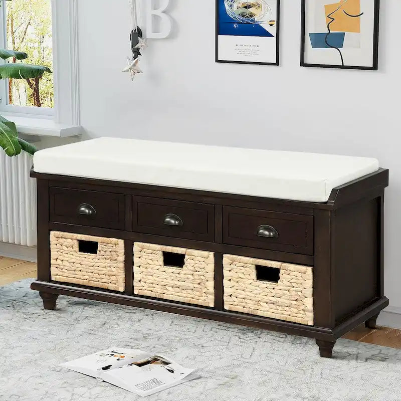Banc de rangement de ferme avec 6 tiroirs, façades en rotin et coussin en lin amovible