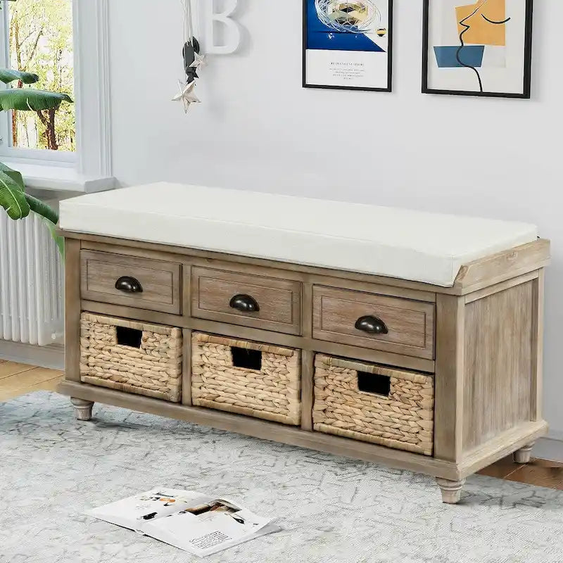 Banc de rangement de ferme avec 6 tiroirs, façades en rotin et coussin en lin amovible