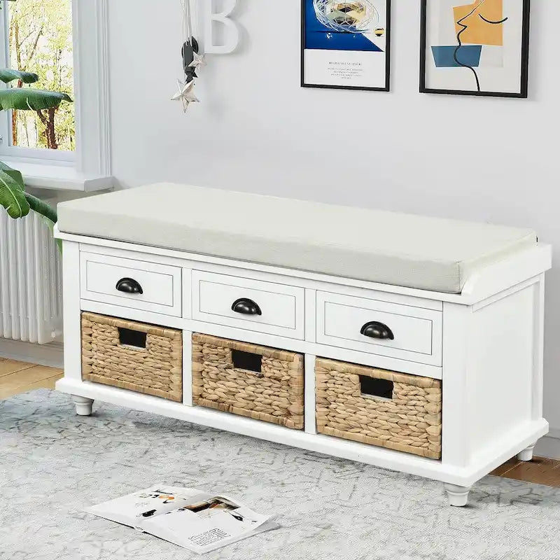 Banc de rangement de ferme avec 6 tiroirs, façades en rotin et coussin en lin amovible