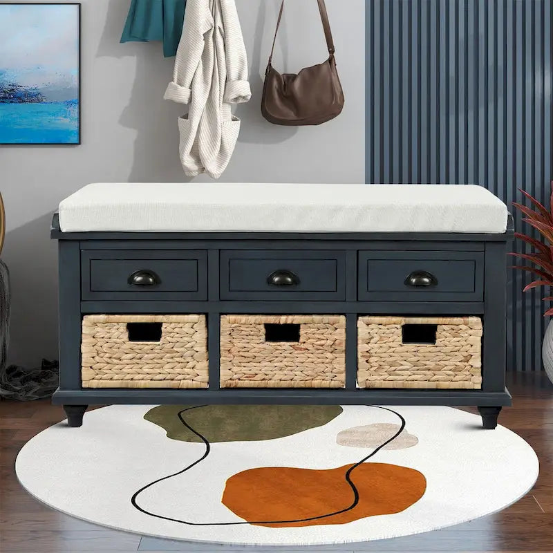 Banc de rangement de ferme avec 6 tiroirs, façades en rotin et coussin en lin amovible