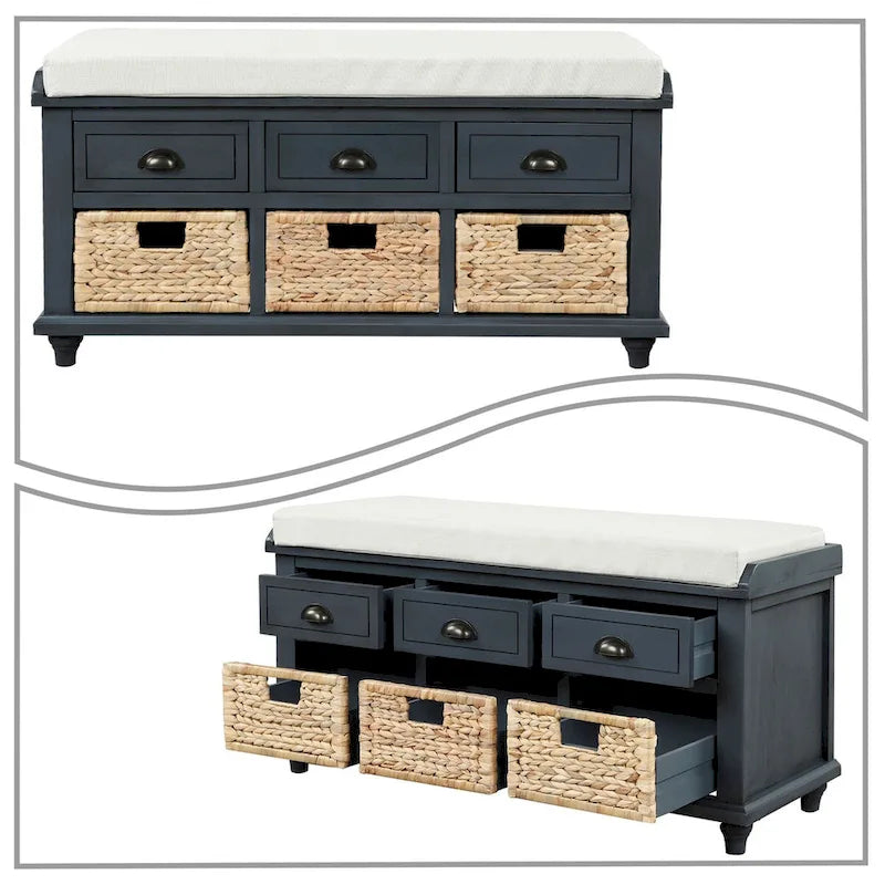 Banc de rangement de ferme avec 6 tiroirs, façades en rotin et coussin en lin amovible