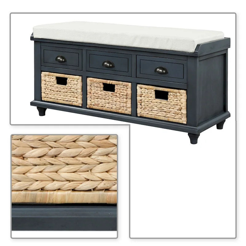Banc de rangement de ferme avec 6 tiroirs, façades en rotin et coussin en lin amovible