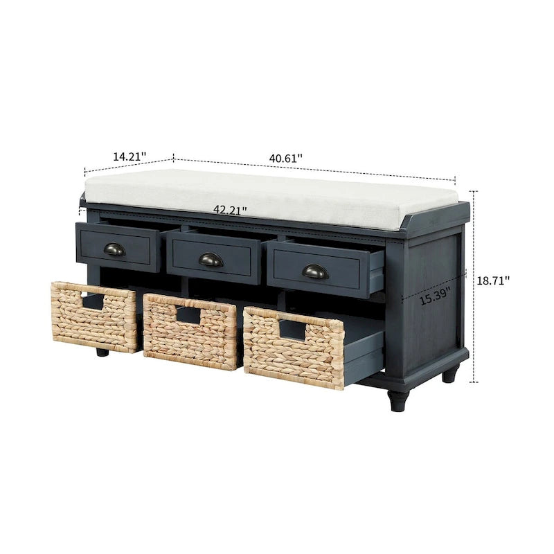 Banc de rangement de ferme avec 6 tiroirs, façades en rotin et coussin en lin amovible