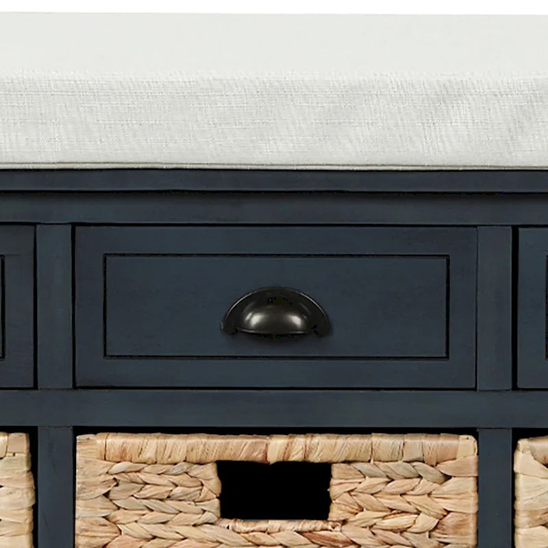 Banc de rangement de ferme avec 6 tiroirs, façades en rotin et coussin en lin amovible