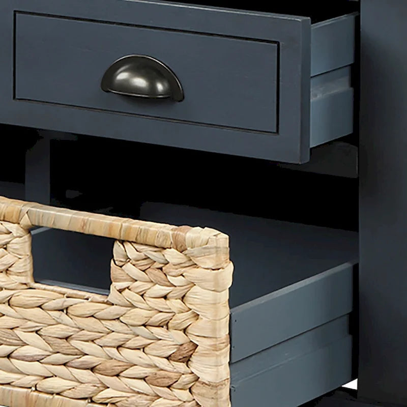 Banc de rangement de ferme avec 6 tiroirs, façades en rotin et coussin en lin amovible