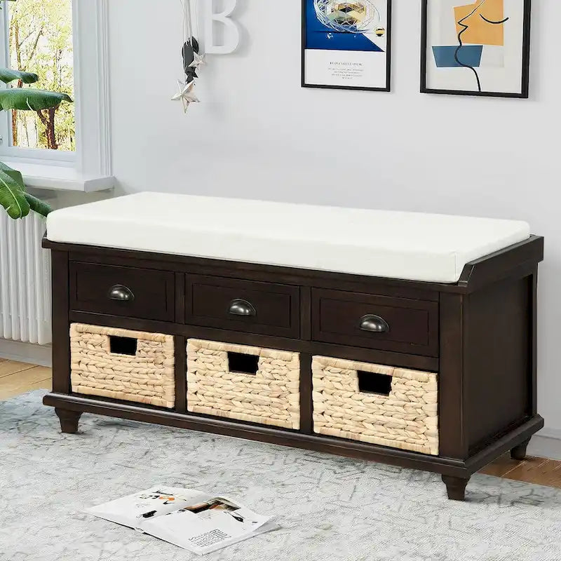 Banc de rangement de ferme avec 6 tiroirs, façades en rotin et coussin en lin amovible