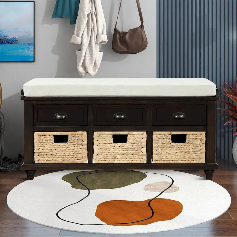 Banc de rangement de ferme avec 6 tiroirs, façades en rotin et coussin en lin amovible
