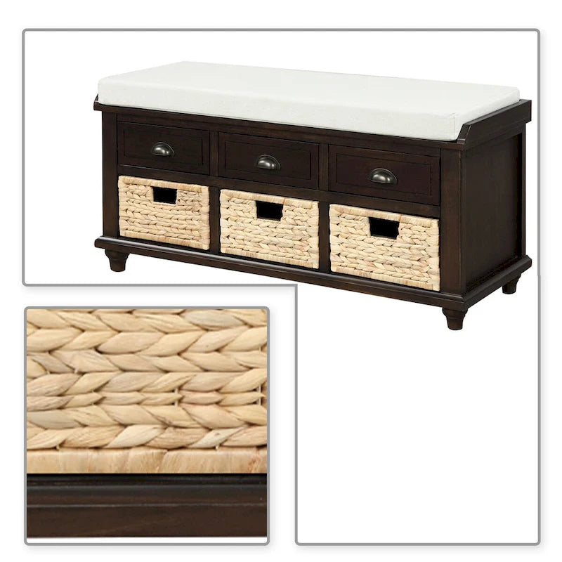 Banc de rangement de ferme avec 6 tiroirs, façades en rotin et coussin en lin amovible